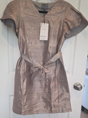 MAIYET Metallic Rose Mini Dress with Tie Belt 59% Zari, 28% Cotton, 15% Silk